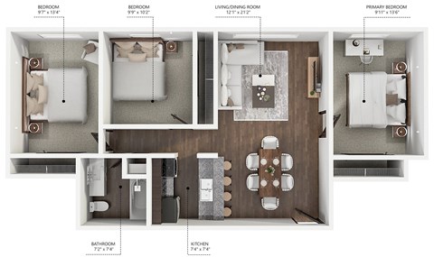 Floor plan for 3 beds, 1 bath, 1100 sqft